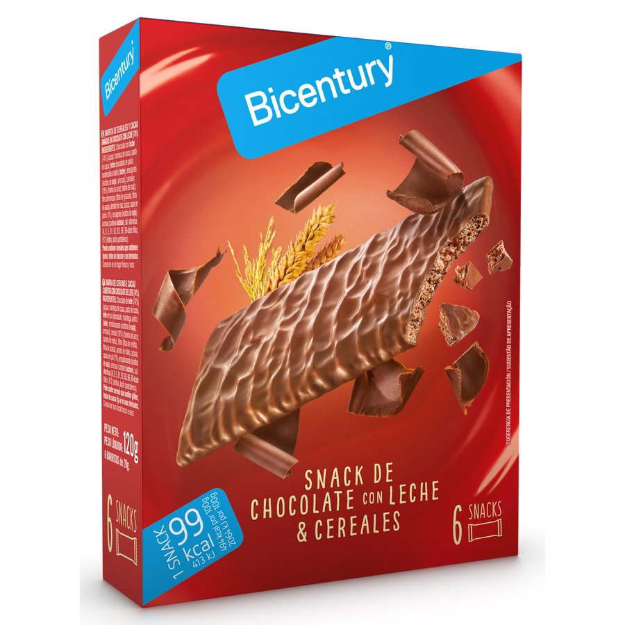 Snack BICENTURY chocolate con leche y cereales 6 unidades 120 g