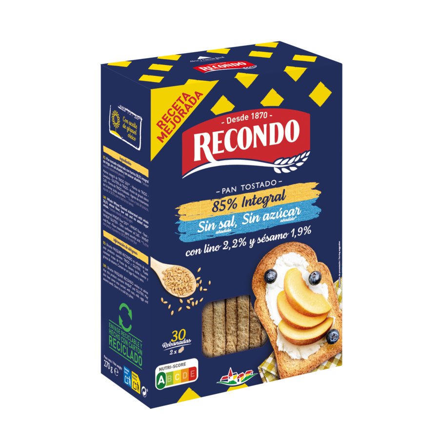 Pan RECONDO integral sin sal, sin azúcar añadido 30 rebanadas 270 g