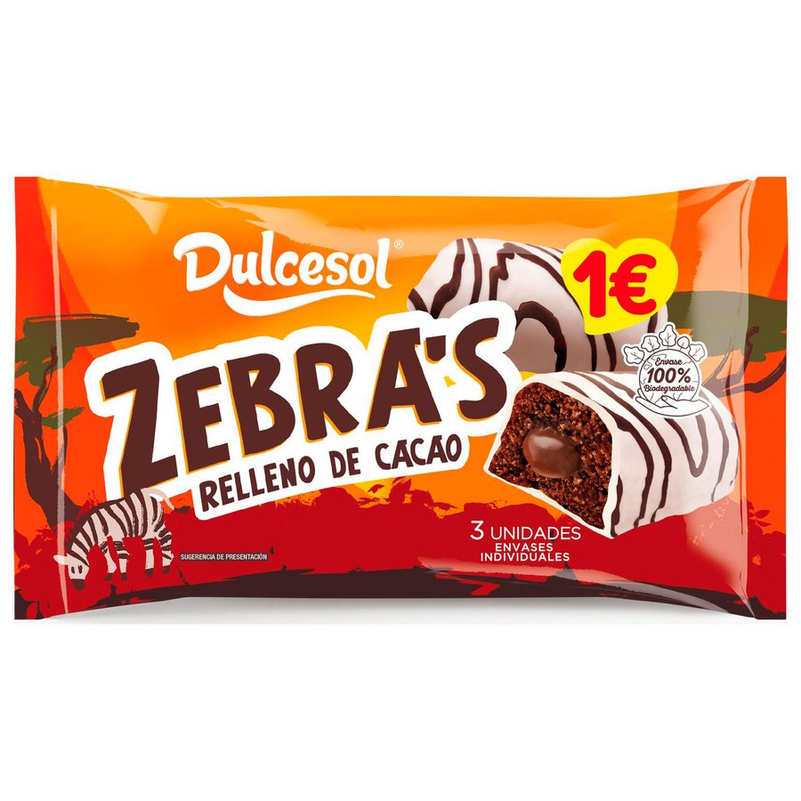 Pastelito Zebra's relleno de cacao DULCESOL 3 unidades 120 g