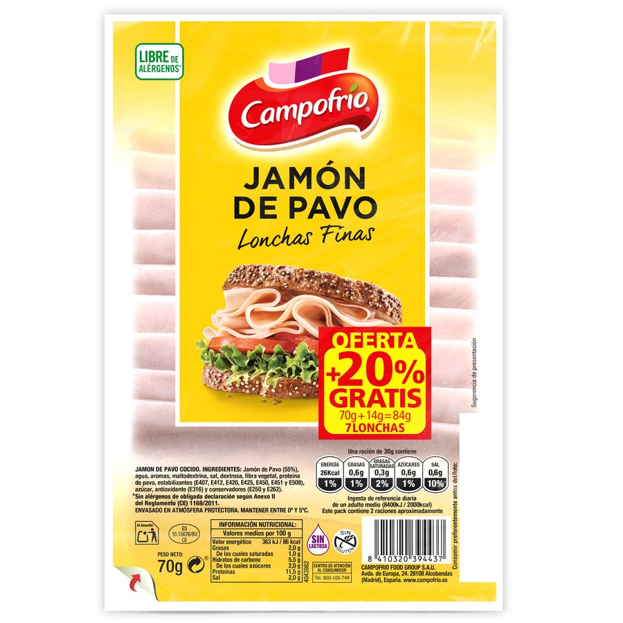 Jamón cocido pavo CAMPOFRIO lonchas finas 70 g