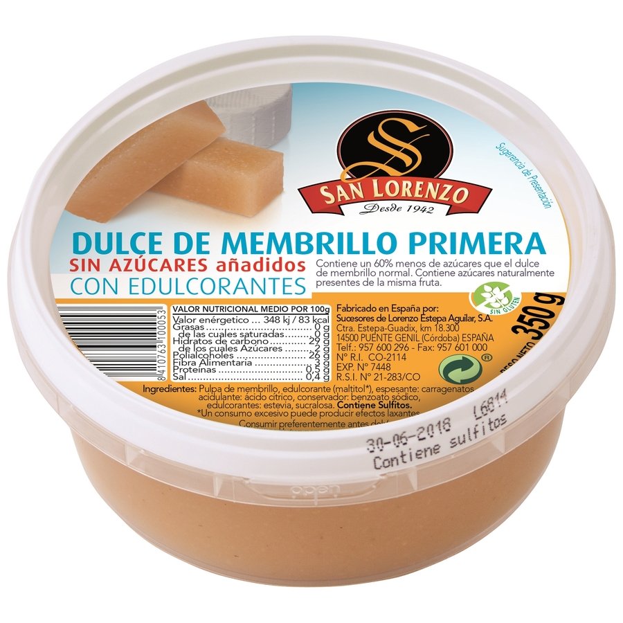 Dulce de membrillo primera SAN LORENZO sin azúcares añadidos tarrina 350 g