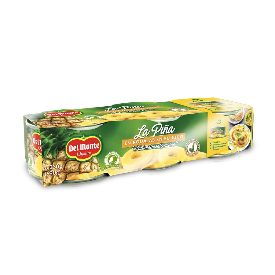 Piña en su jugo DEL MONTE rodajas lata 3 x 145 g pne.
