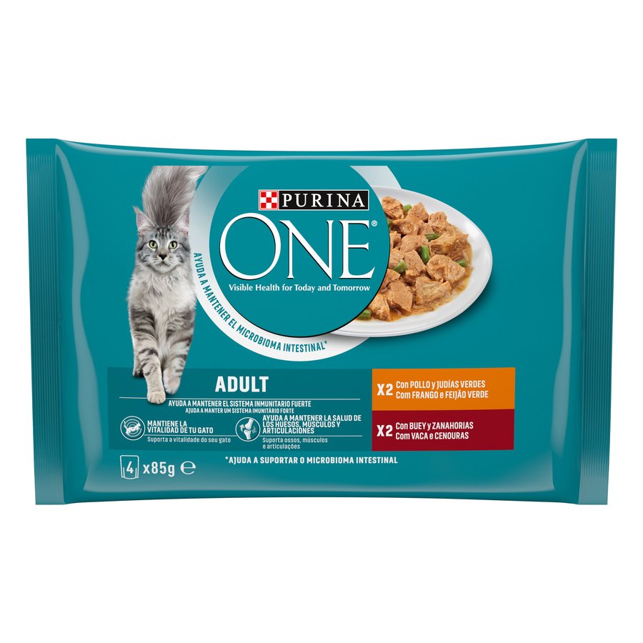 Alimento gato adulto PURINA ONE pollo/buey 4x85 g