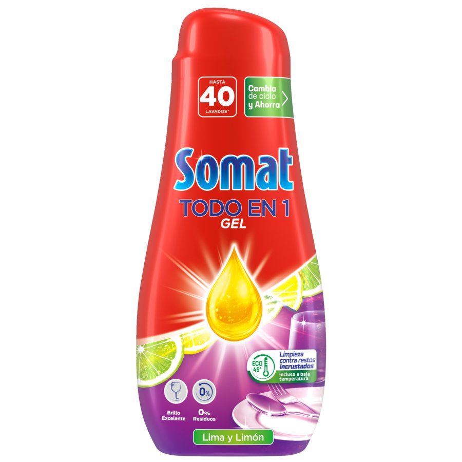 Lavavajillas máquina líquido SOMAT todo en 1 lima-limón 40 dosis 640 ml