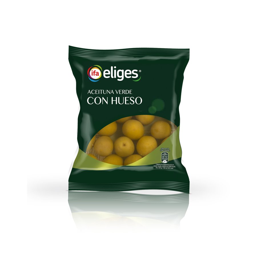 Aceituna verde manzanilla con hueso IFA ELIGES bolsa 100 g pne.