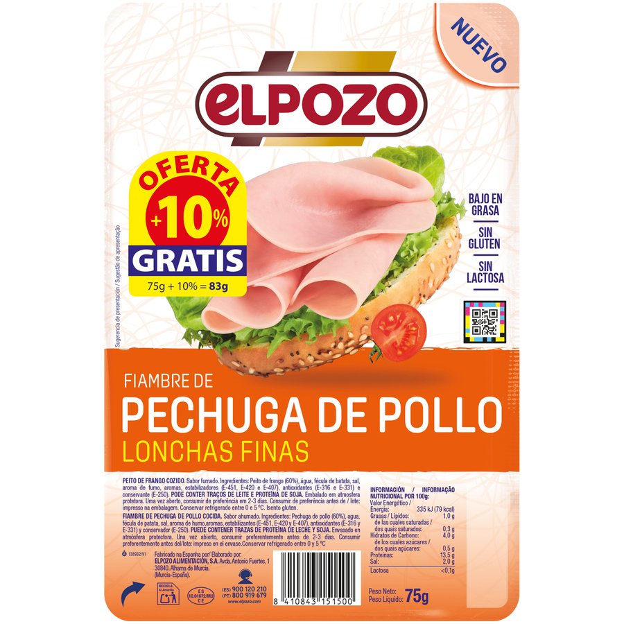 Fiambre de pechuga de pollo ELPOZO lonchas finas 75 g