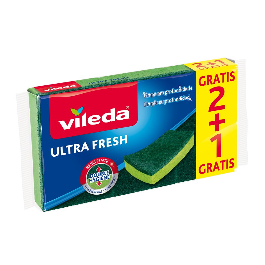 Estropajo VILEDA fibra con esponja pack 2+1 gratis