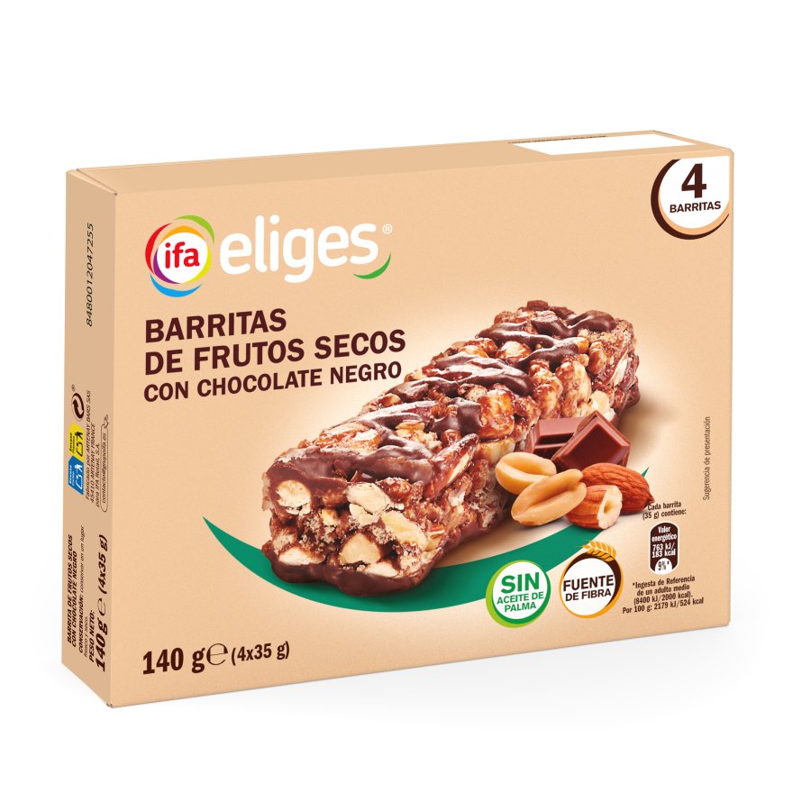 Barritas frutos secos IFA ELIGES con chocolate negro 4 unidades 140 g