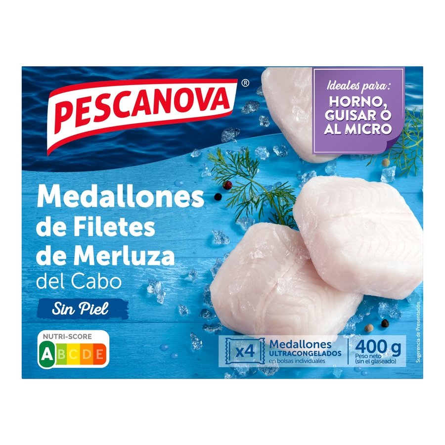 Medallones de merluza del Cabo conxelada PESCANOVA estuche 400 g pne.