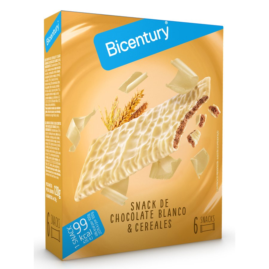 Snack BICENTURY chocolate blanco y cereales 6 unidades 120 g