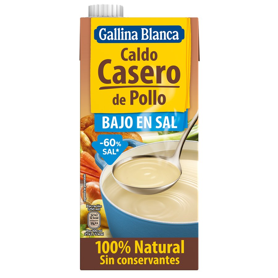 Caldo casero 100% natural GALLINA BLANCA pollo bajo en sal brik 1 l