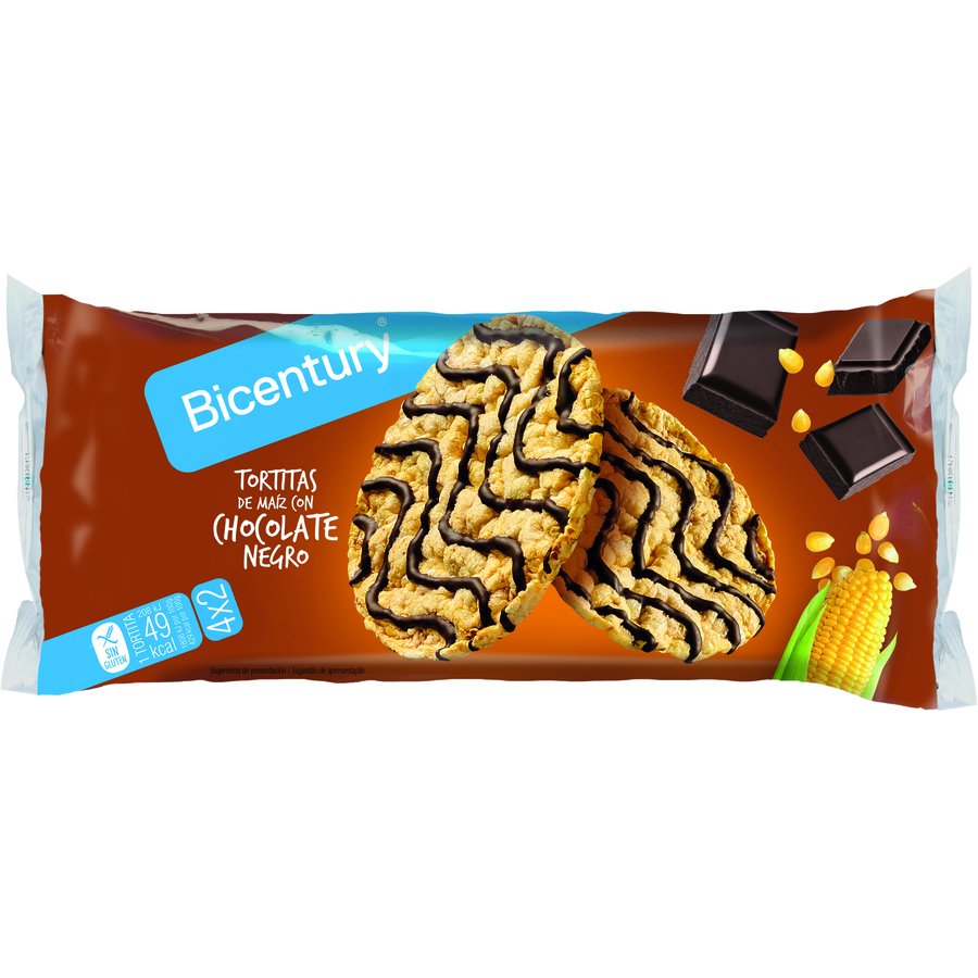 Tortitas de maíz BICENTURY con chocolate negro 4 x 2 unidades 90 g