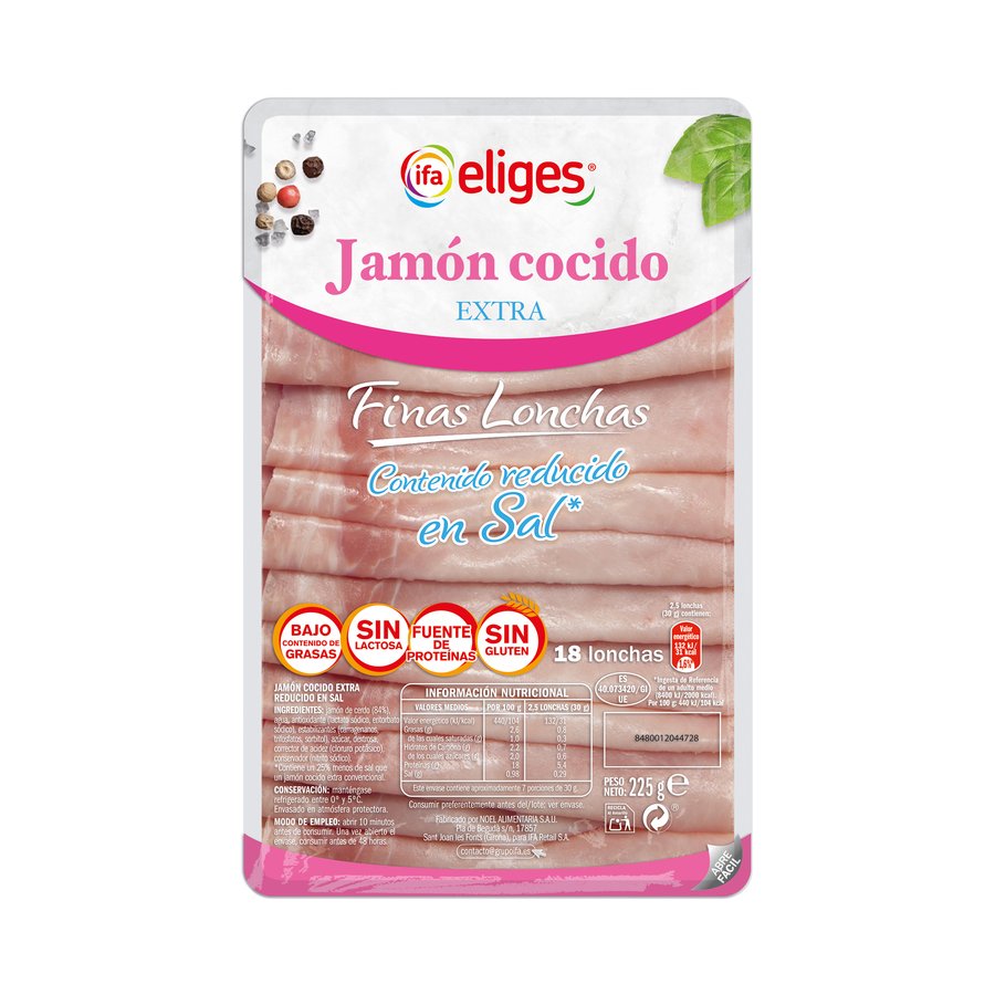 Jamón cocido IFA ELIGES reducido en sal finas lonchas 225 g