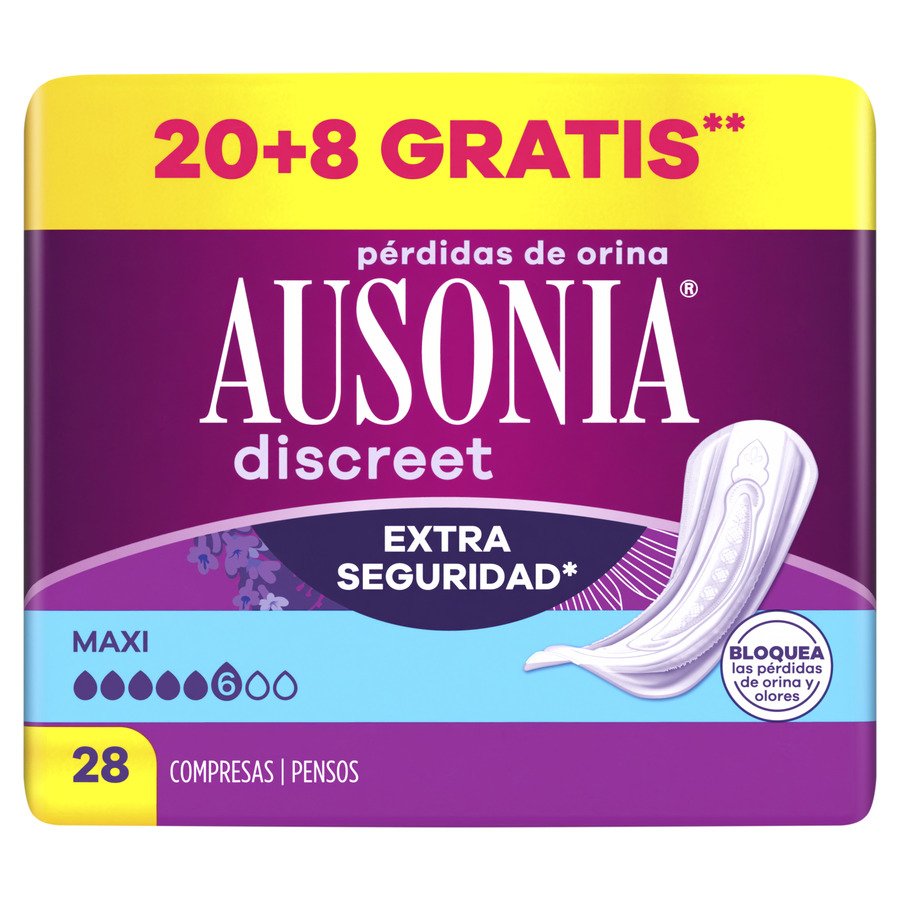 Compresa incontinencia AUSONIA discreet maxi 20 unidades + 8 unidades gratis