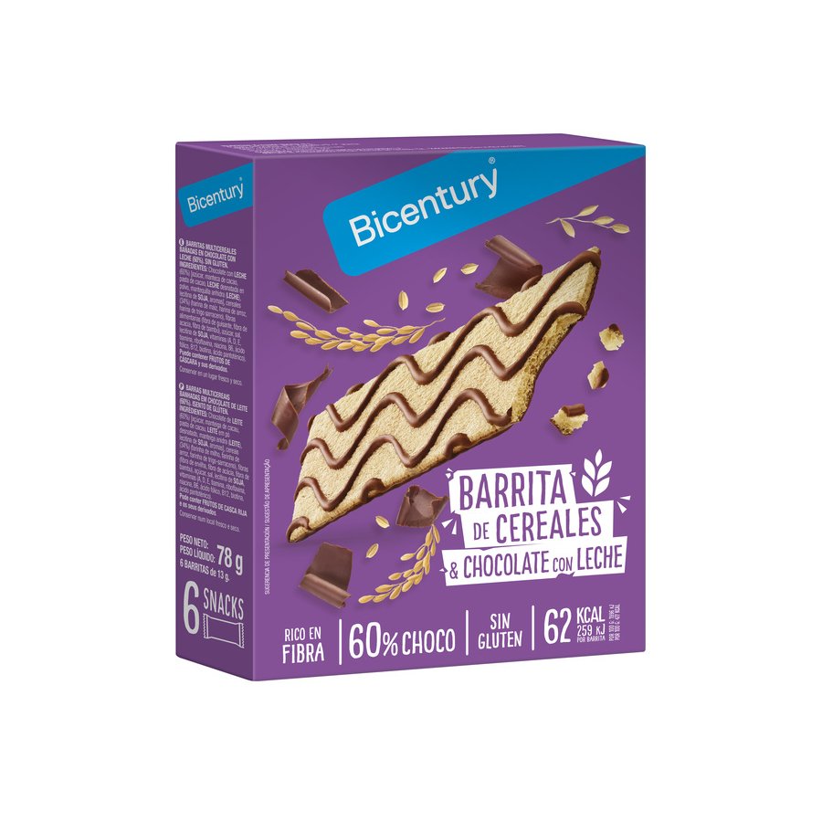 Snack BICENTURY chocolate con leche y cereales sin gluten (Decorada) 78 g