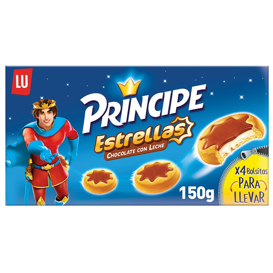 Galletas rellenas de crema LU PRINCIPE estrellas chocolate leche paquete 150 g
