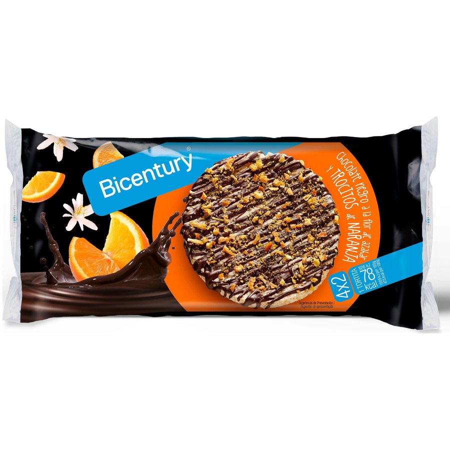 Tortitas de maíz BICENTURY chocolate negro a la flor de azahar y trocitos de naranja 4 x 2 u 139 g