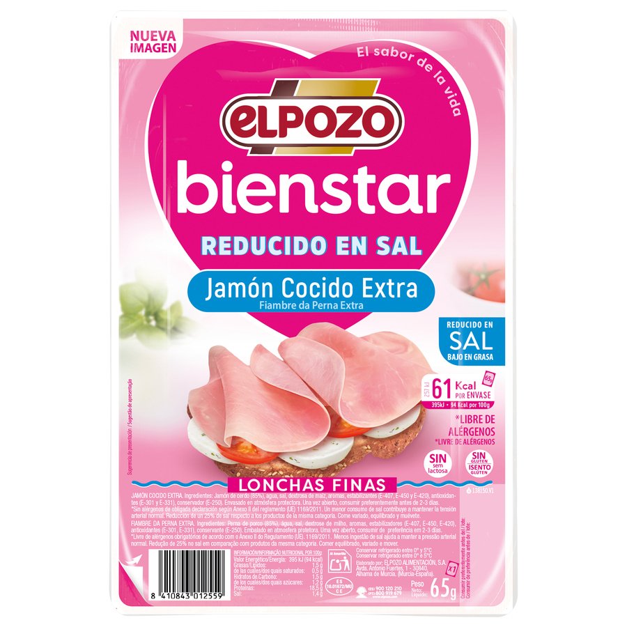 Jamón cocido extra ELPOZO Bienstar bajo en grasa reducido en sal lonchas 65 g