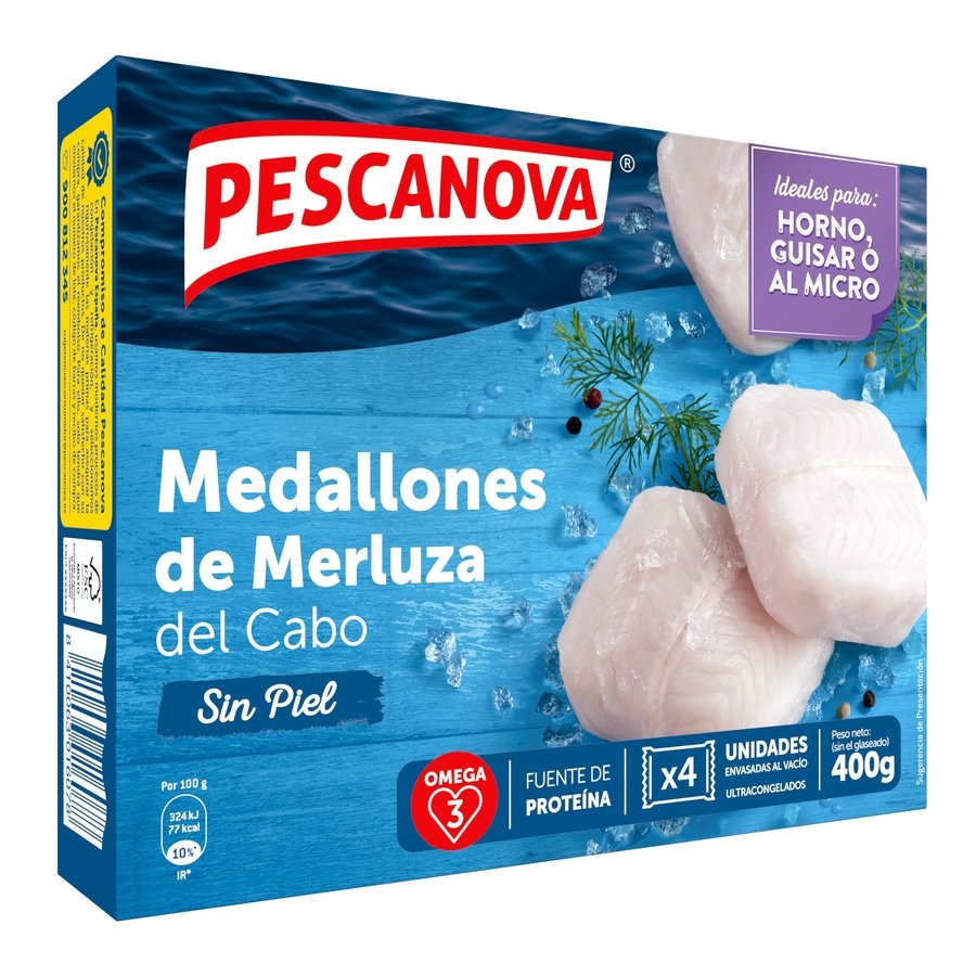 Medallones de merluza del Cabo conxelada PESCANOVA estuche 400 g pne.