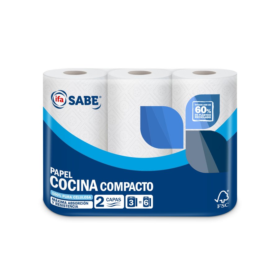Papel cocina blanco IFA SABE compacto 2 capas 3=6 rollos