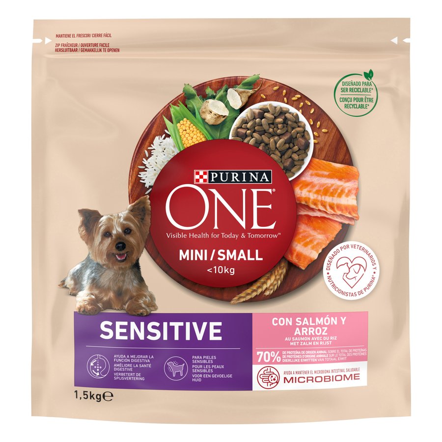 Alimento perro mini PURINA ONE Sensitive salmón-arroz 1,5 kg