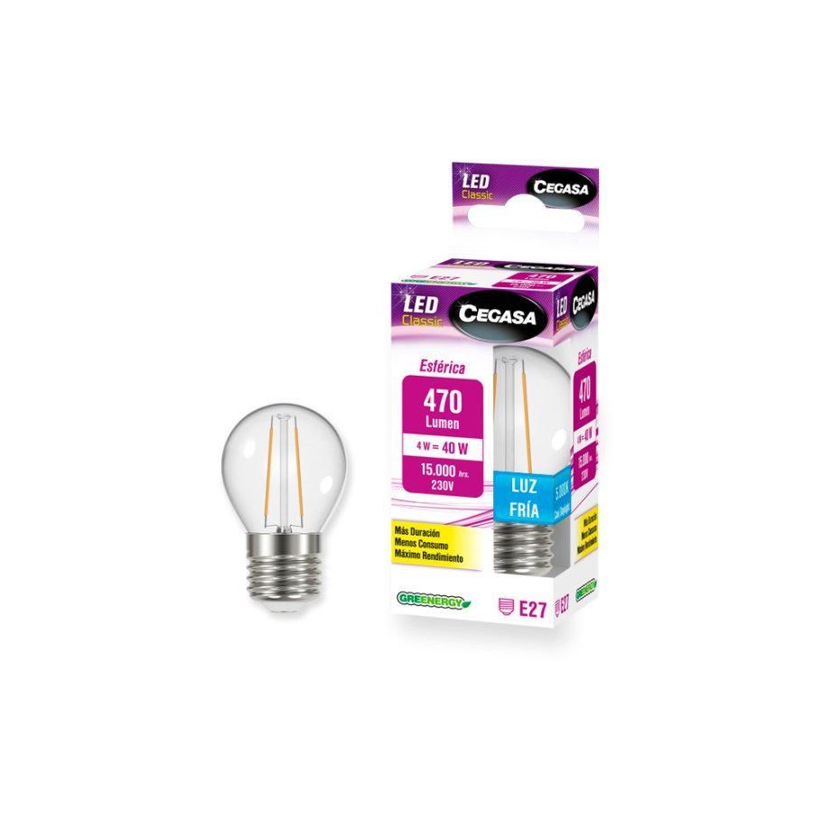 Bombilla CEGASA LED filamento esférica 4W E27 fría
