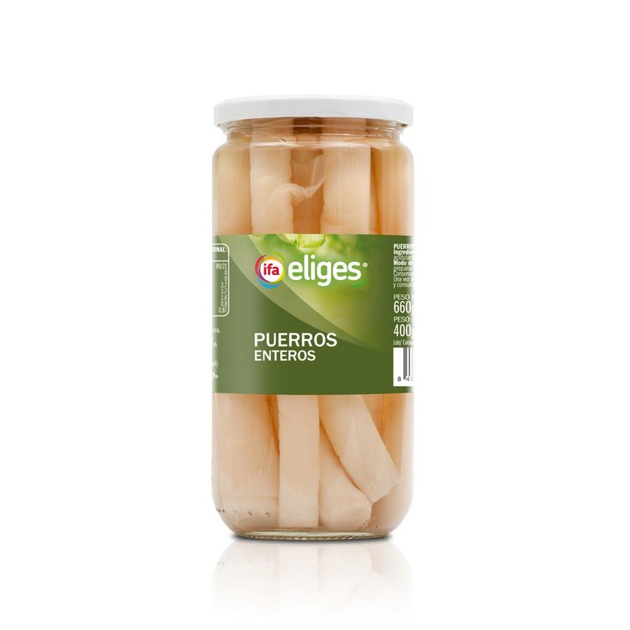 Puerros al natural enteros IFA ELIGES frasco 400 g pne.