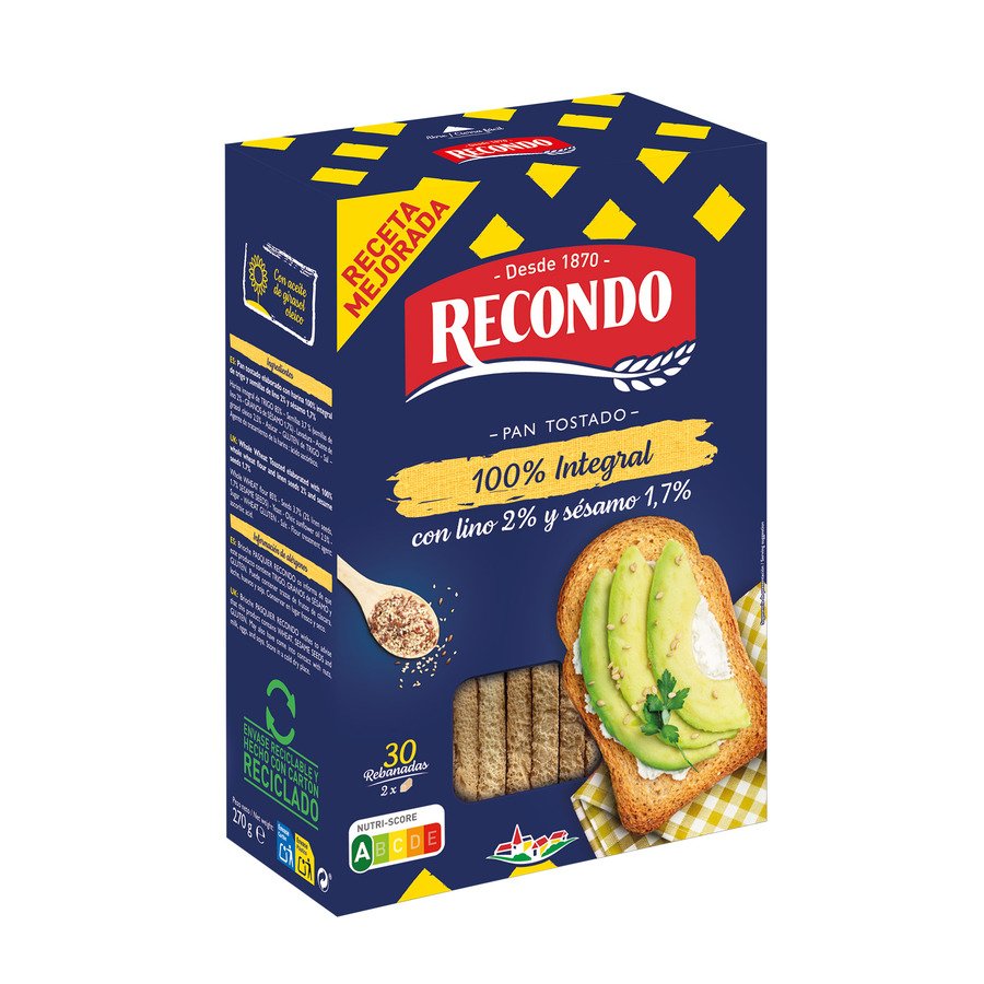 Pan tostado RECONDO integral paquete 30 rebanadas 270 g