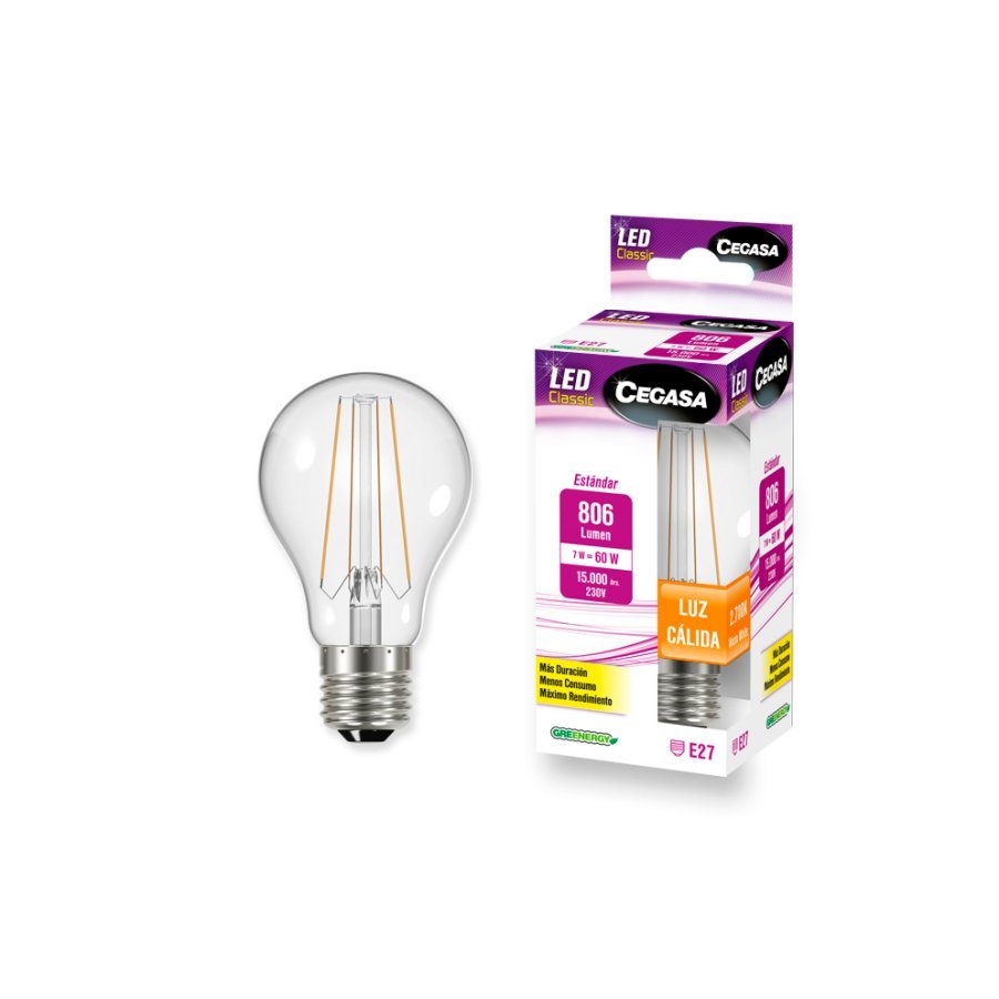 Bombilla LED filamento CEGASA estándar 7W E27 cálida