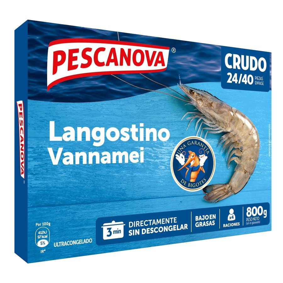 Langostino vannamei crudo congelado PESCANOVA Rodolfos 24/40 estuche 800 g pn.