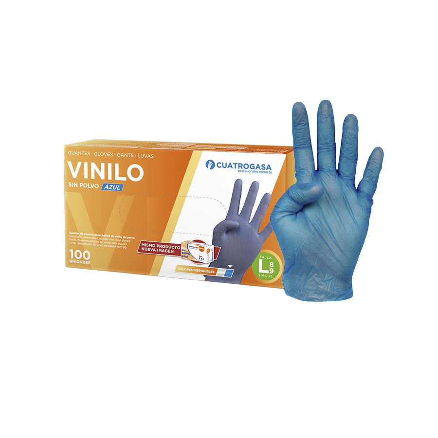Imagen de Guante vinilo sin polvo azul CUATROGASA talla L (8-9) 100 unidades