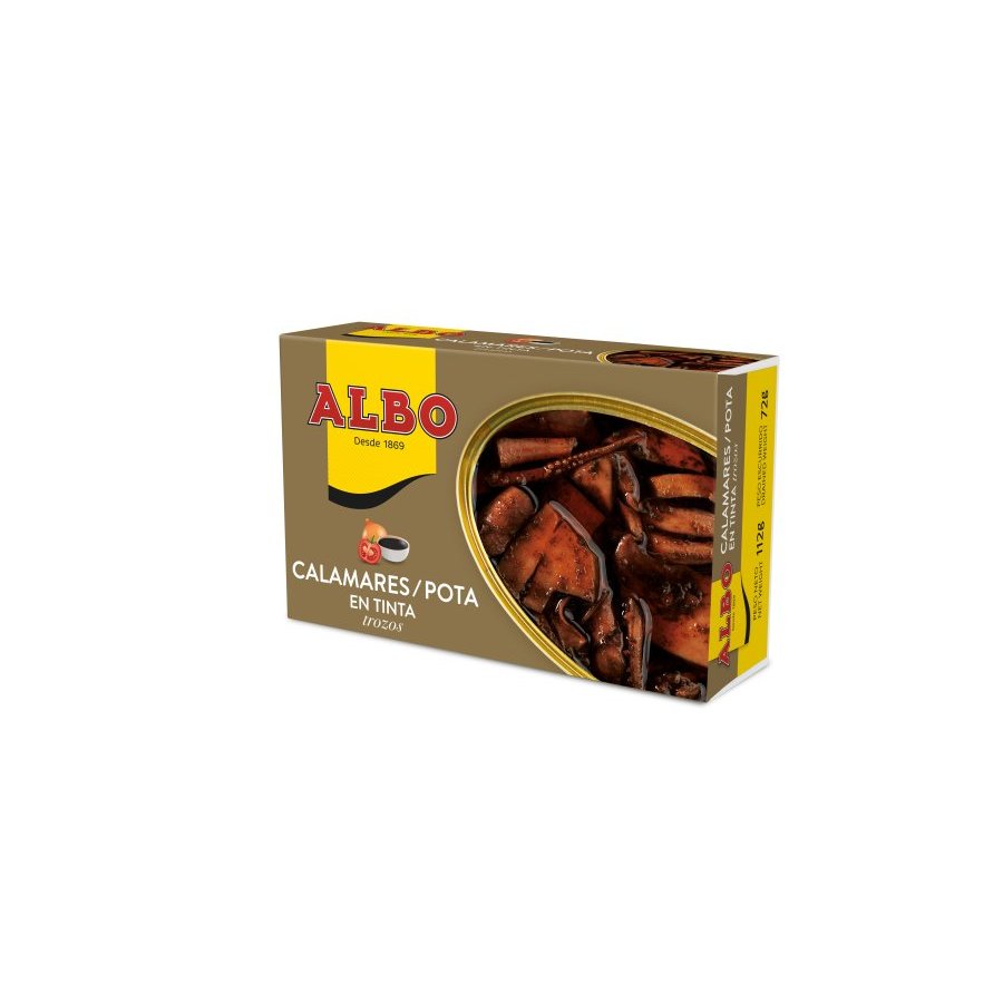 Calamares/pota trozos en su tinta ALBO lata 112 g pn.