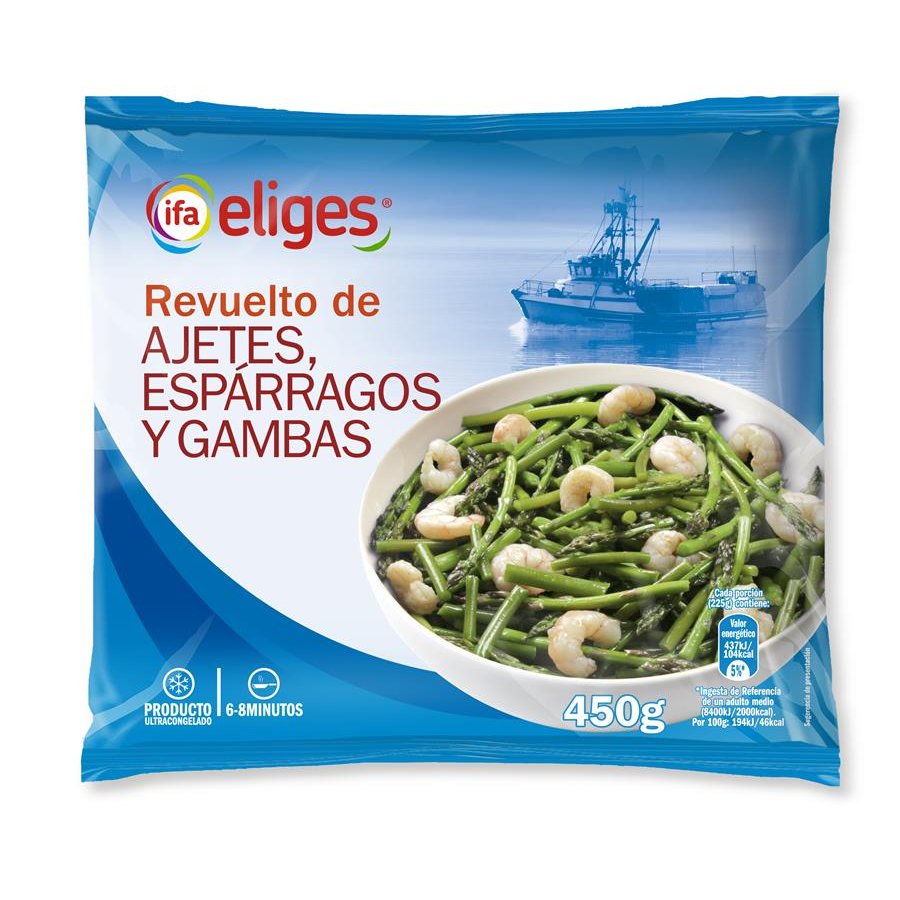 Revuelto ajetes-espárragos-gambas congelado IFA ELIGES 450 g