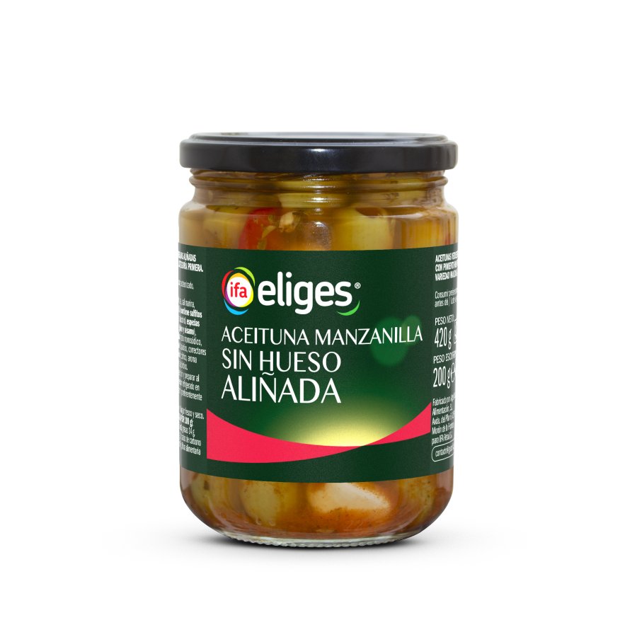 Aceituna aliñada IFA ELIGES manzanilla sin hueso frasco 200 g pne