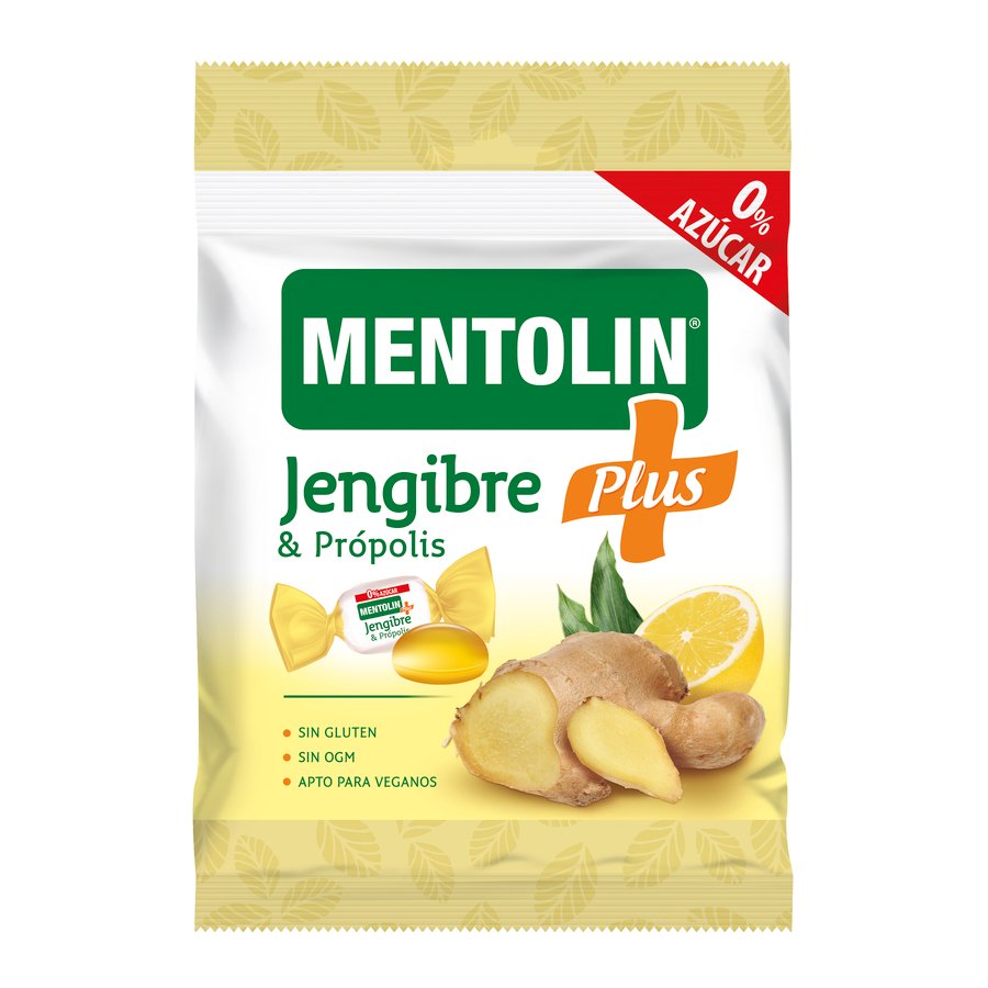 Caramelos MENTOLIN Plus jengibre y própolis sin azúcar bolsa 90 g