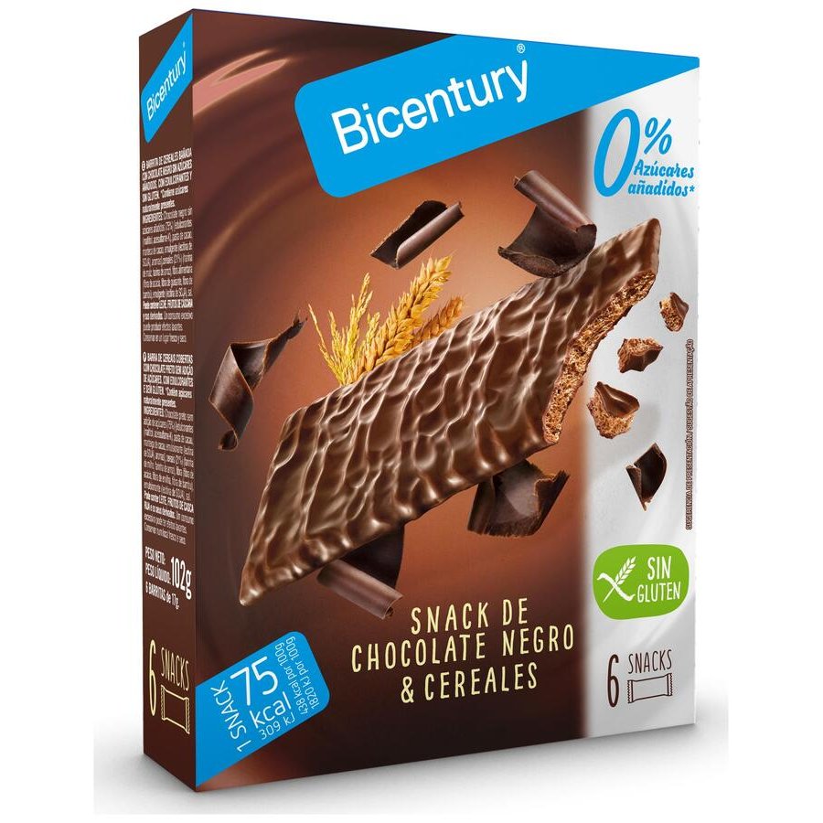 Snack BICENTURY chocolate negro y cereales sin azúcar 6 unidades 102 g