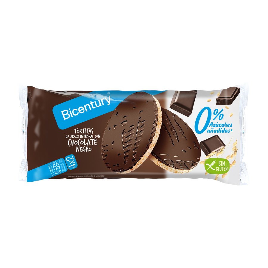 Tortitas de arroz integral BICENTURY chocolate negro sin gluten y sin azúcar 4x2 130 g