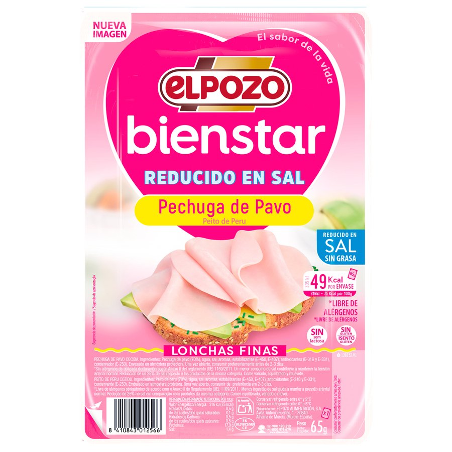 Pechuga de pavo ELPOZO Bienstar reducido en sal sin grasa lonchas finas 65 g