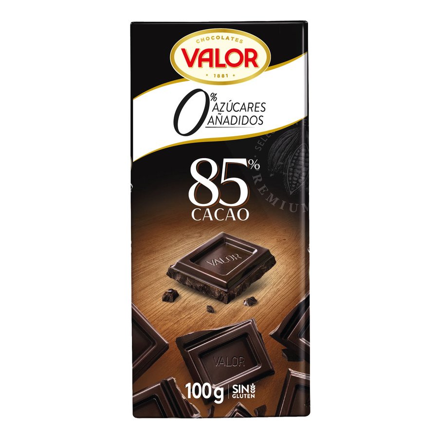 Chocolate negro VALOR 85% sin gluten 0% azúcar añadido tableta 100 g