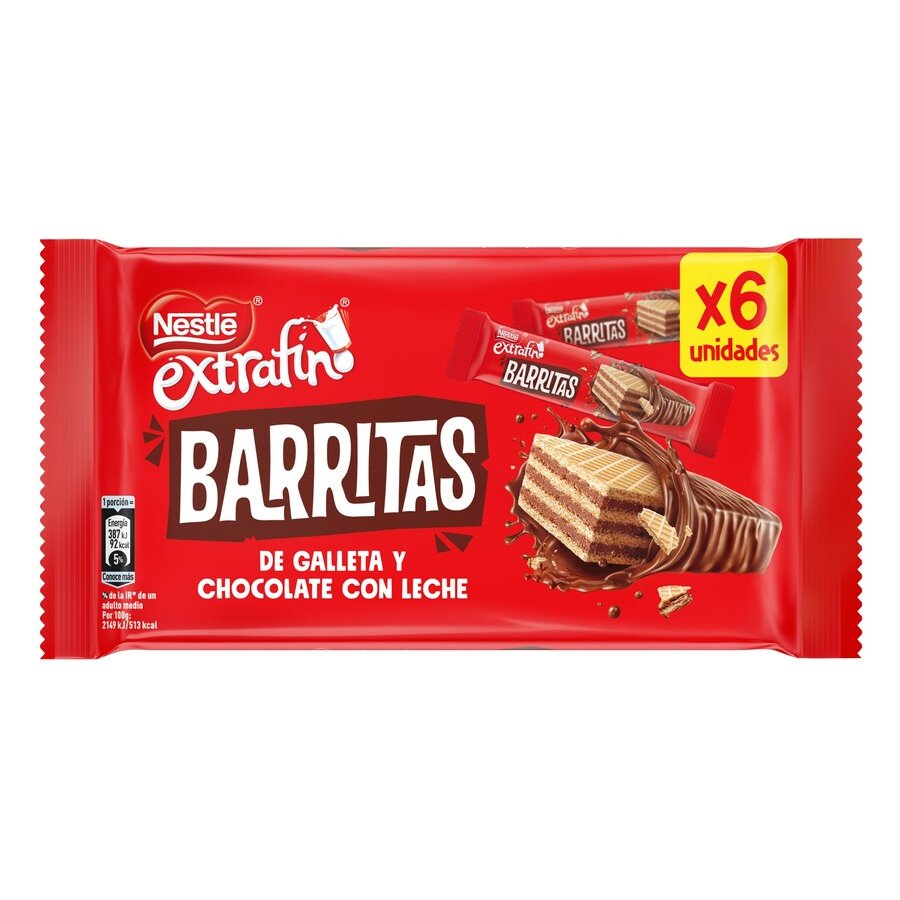 Barritas galleta y chocolate con leche NESTLE extrafino 6 unidades 108 g