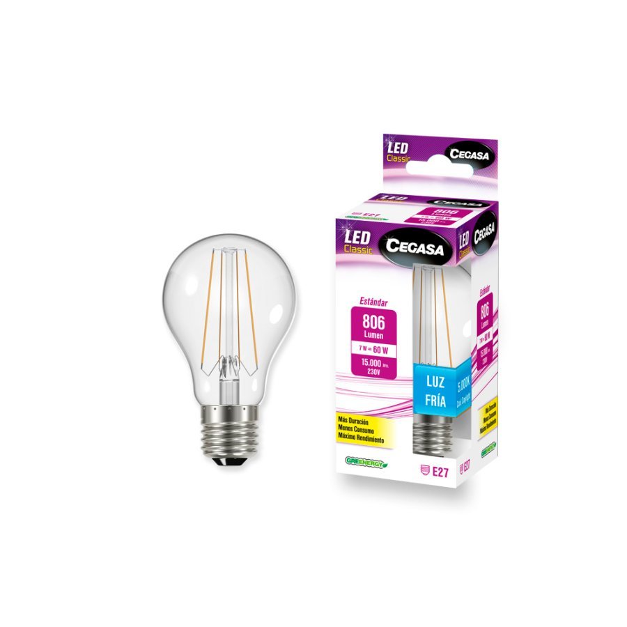 Bombilla LED filamento CEGASA estándar 7W E27 fría