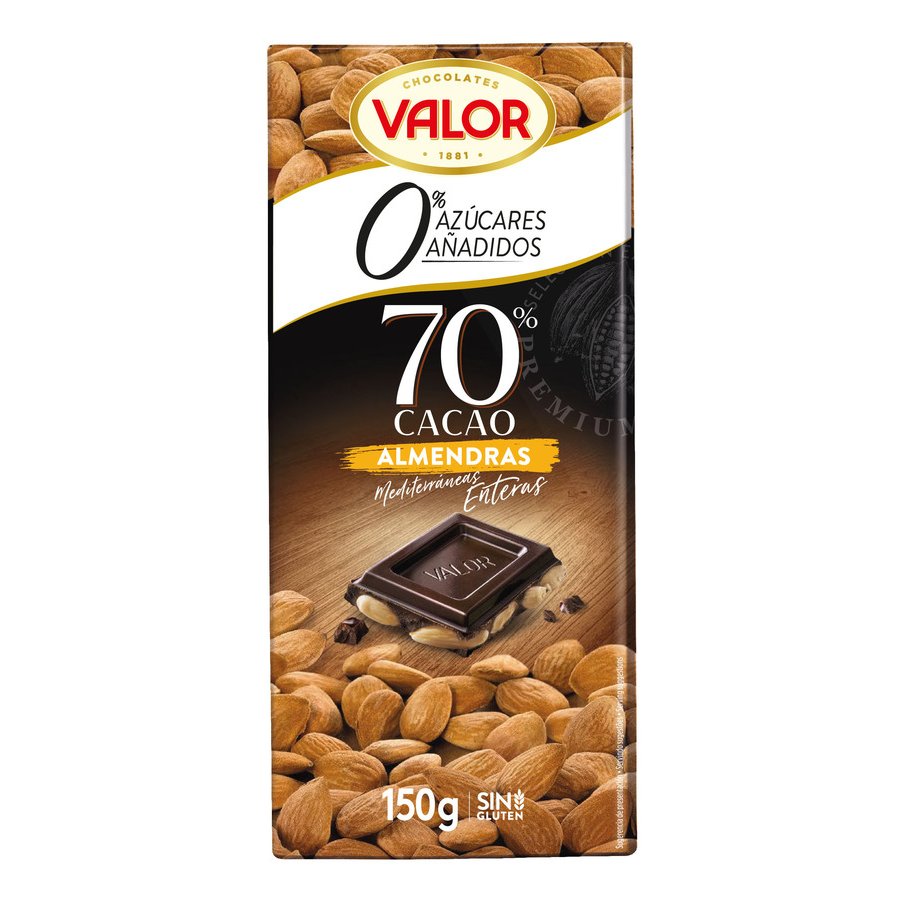 Chocolate negro 70% almendra VALOR sin gluten sin azúcar 150 g