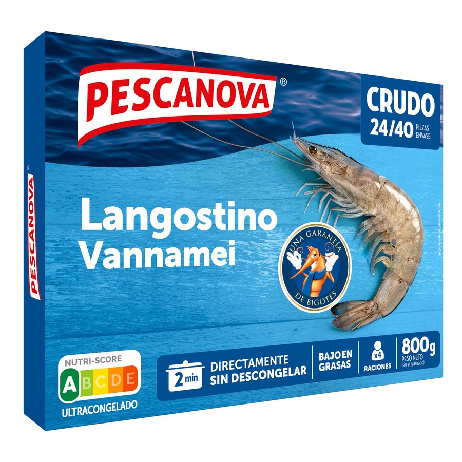 Langostino vannamei crudo congelado PESCANOVA Rodolfos 24/40 estuche 800 g pn.