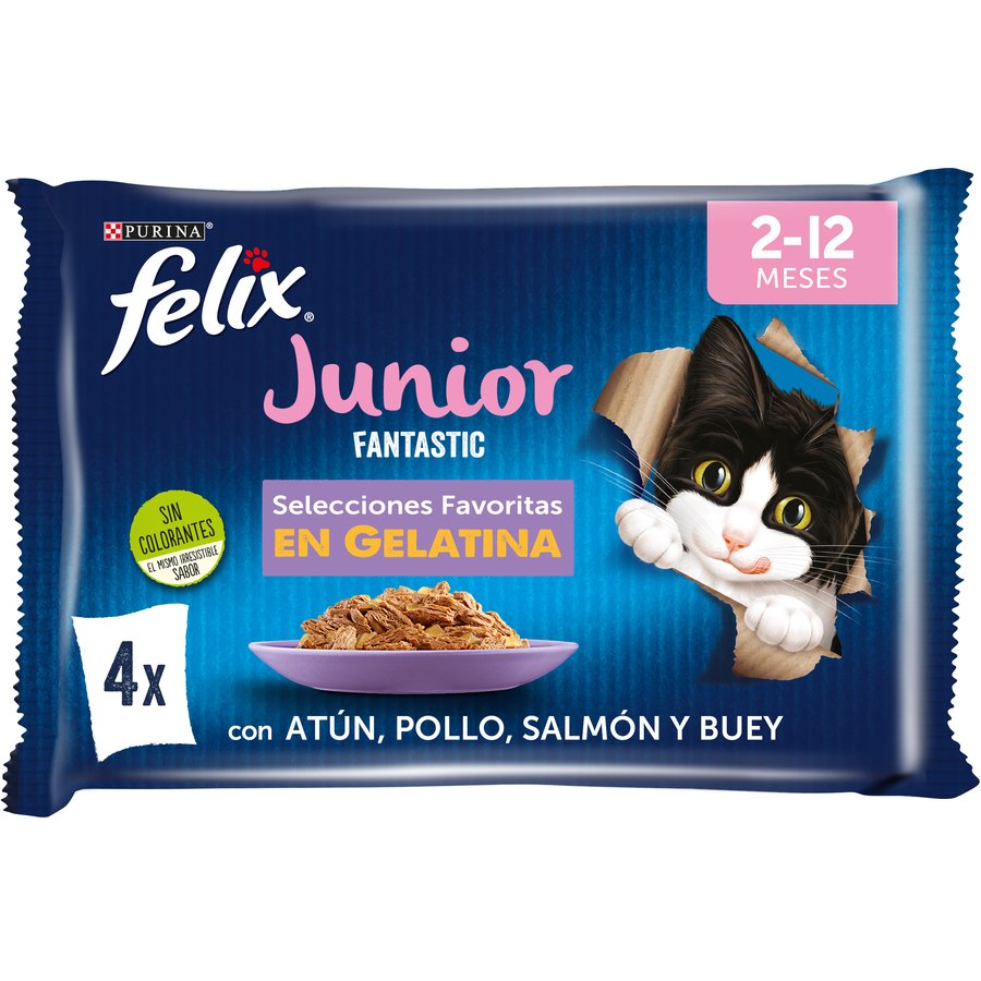Alimento gato FELIX Fantastic Junior selección favoritos gelatina pack 4x85 g