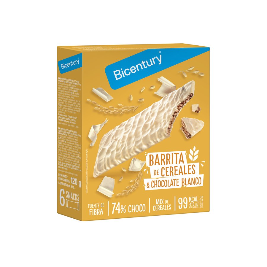 Snack BICENTURY chocolate blanco y cereales 6 unidades 120 g
