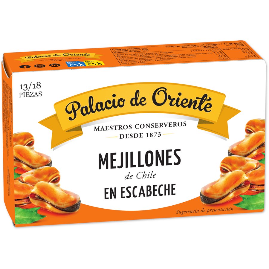 Mejillones PALACIO DE ORIENTE en escabeche 13/18 lata 115 g pn.