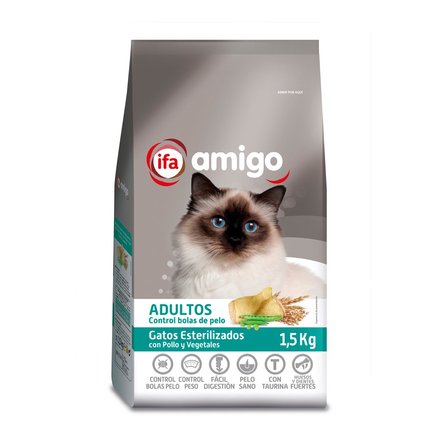 Alimento gato adulto monocomponente estériles y bolas de pelo IFA AMIGO 1,5 kg