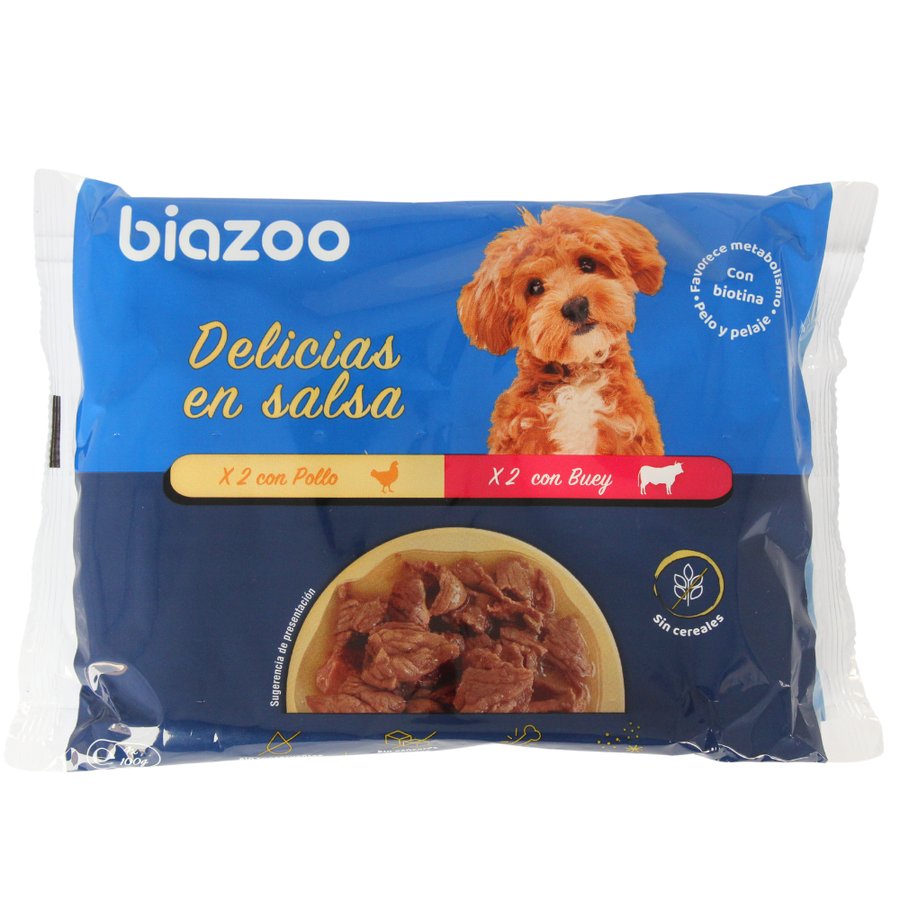 Alimento para perro BIAZOO delicias en salsa pollo/buey 4x100 g