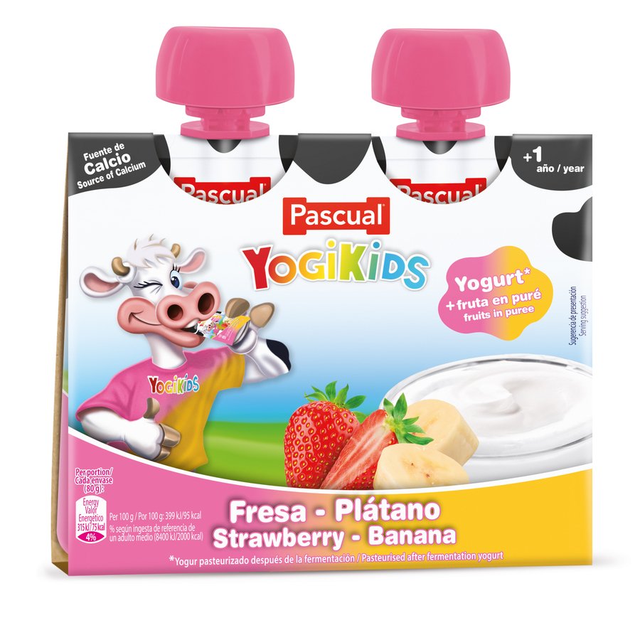 Yogur pasteurizado PASCUAL Yogikids fresa-plátano pouch 2x80 g