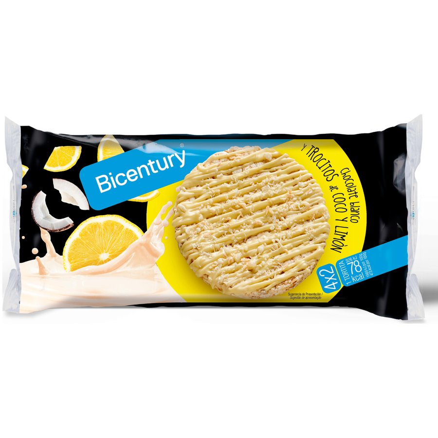 Tortitas de arroz BICENTURY chocolate blanco y trocitos de coco y limón 4 x 2 139 g